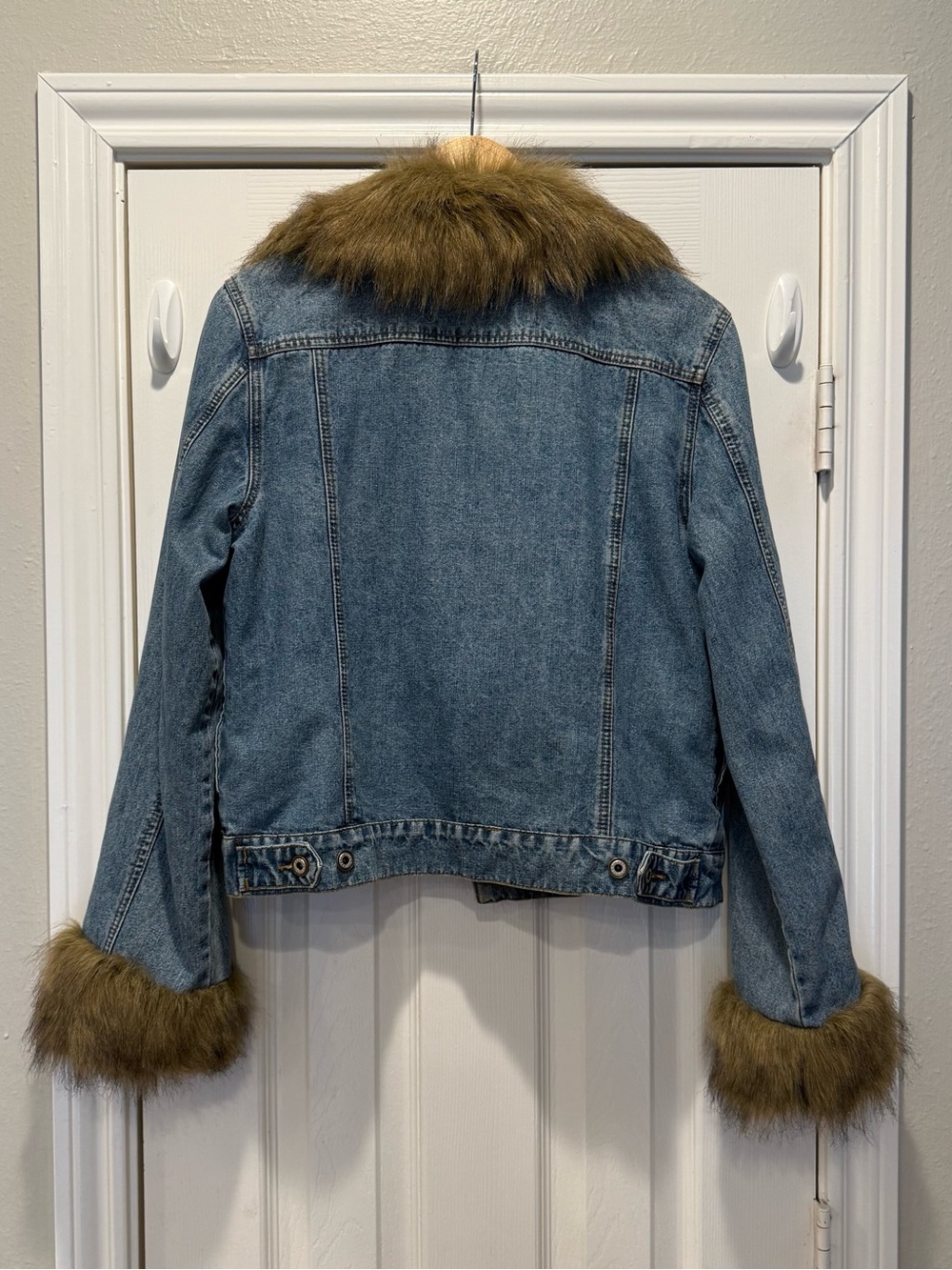 Vintage Y2K Denim Faux Fur Trim Penny Lane Coat Jacket Bratz Fairy Boho Sz L - Picture 2 of 8